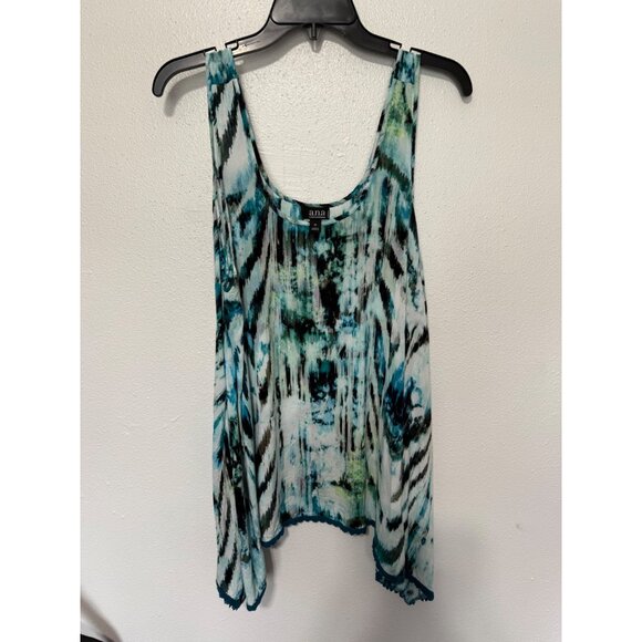 a.n.a Tank Top White Green Black Watercolor Flowy Crochet Hem Womans 1X - Picture 1 of 6